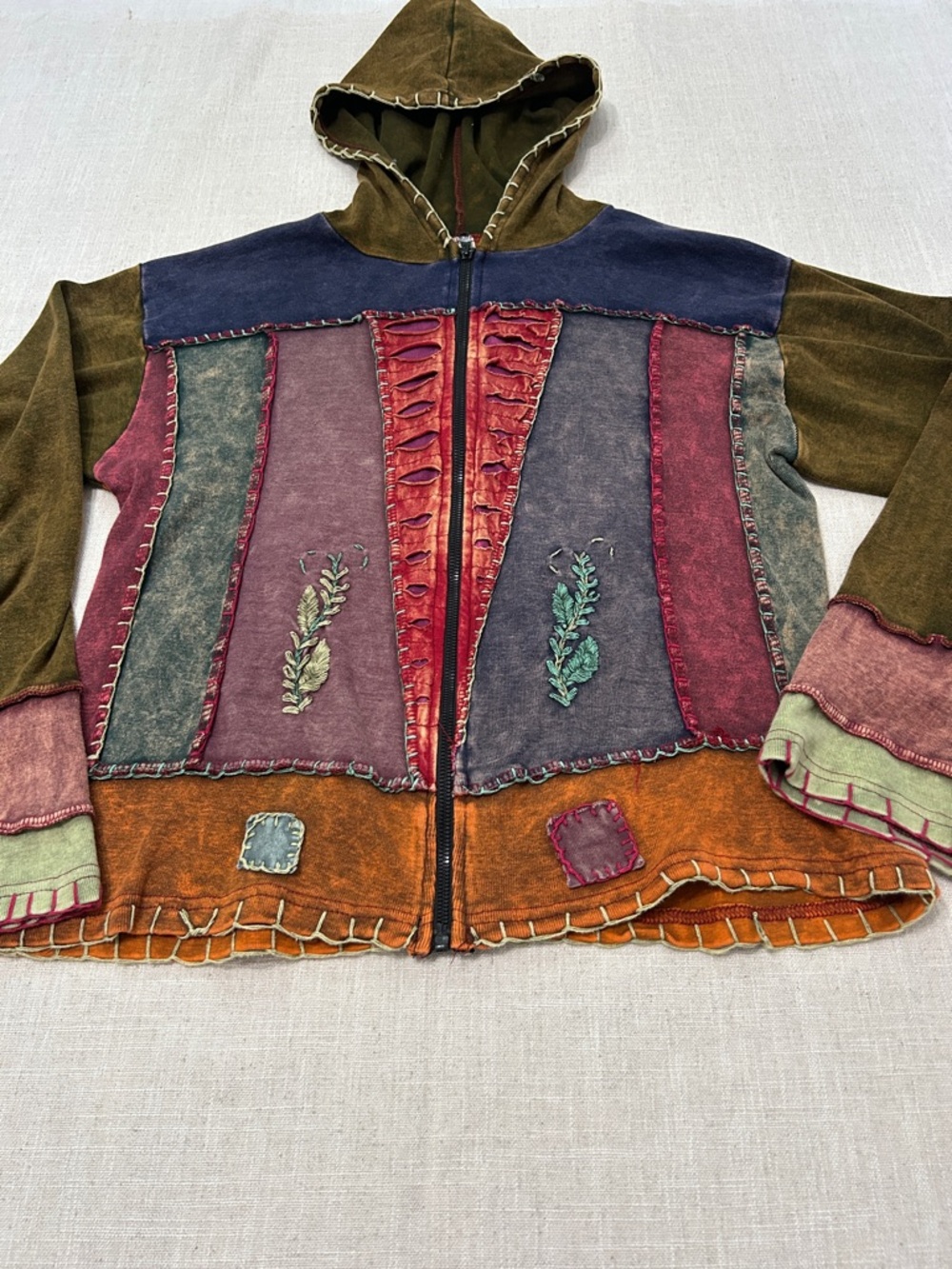 Vintage Y2K Bohemian Hoodie Patchwork Festival Witchy Elfin Embroidered